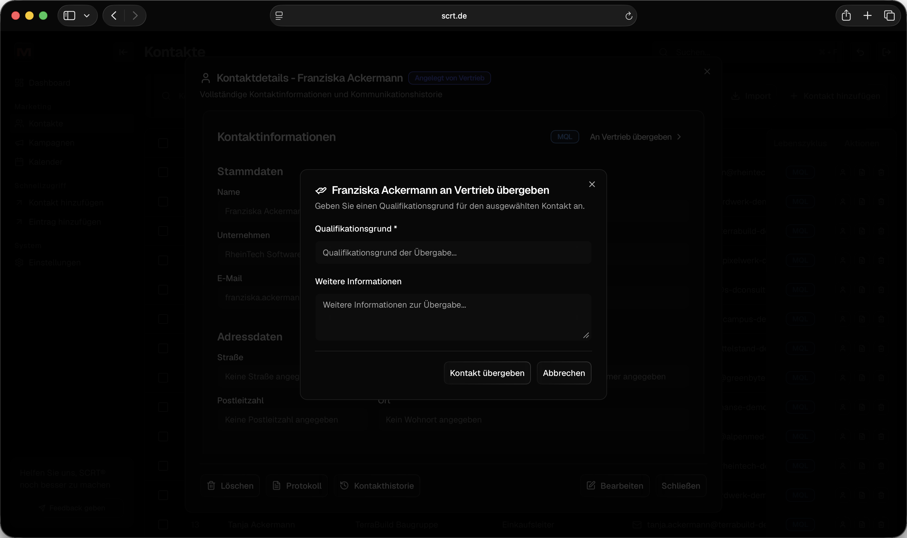 Screenshot aus SCRT: Übergabe zwischen Marketing und Vertrieb