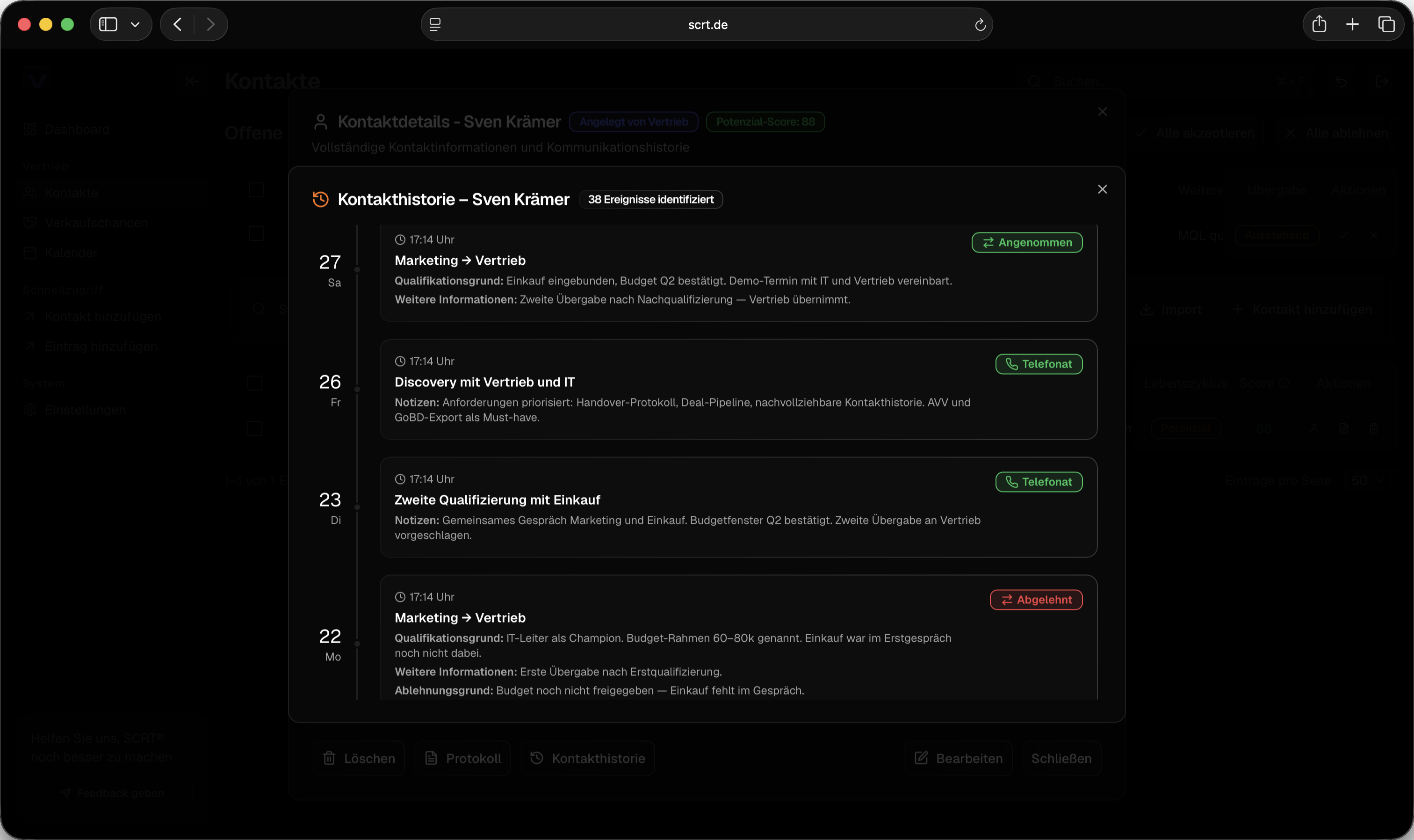 Screenshot aus SCRT: Kundenprozess und Kontakthistorie